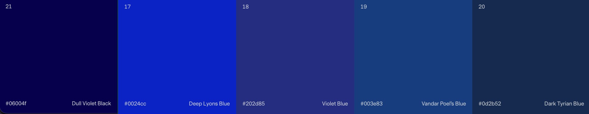 Palette di cinque sfumature di blu dal Dizionario delle combinazioni di colori di Sanzo Wada Palette di cinque sfumature di blu dal Dizionario delle combinazioni di colori di Sanzo Wada